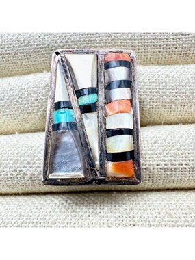 Vintage Native American Coral Turquoise Pearl Inlay Sterling Silver Ring Size 8